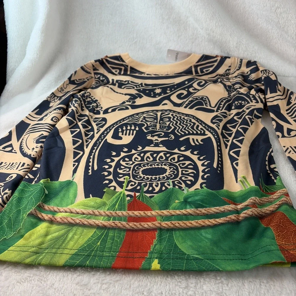 NWT LingQiShiZu Kids Maui Cosplay Costume Disney Moana Tattoo Print 130 6-7yrs